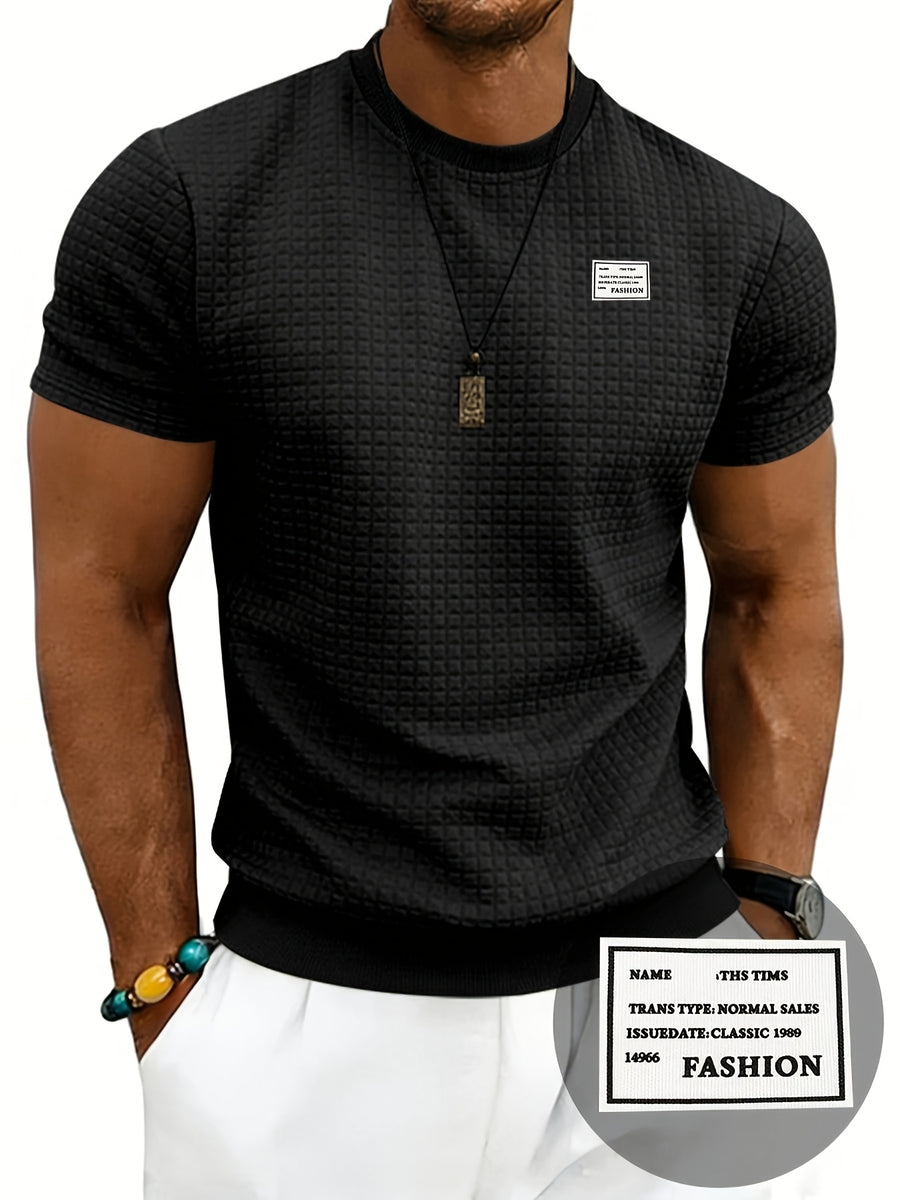 Men'S Waffle Knit T-Shirt, a Short Sleeve Crew Neck Casual Summer Top Featuring Premium Handcrafted Fashion Labeling. Made from Textured, Breathable Fabric with a Soft And Lightweight Feel, Offering a Comfortable Slim-Fit Design - Black