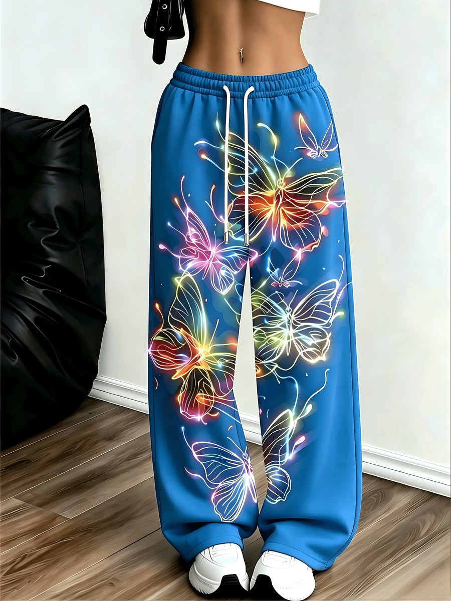 Women's Neon Butterfly Glow-in-the-dark Pattern Jogging Pants with Pockets, Elastic Waistband, and Straight-leg Design - Deep Sky Blue