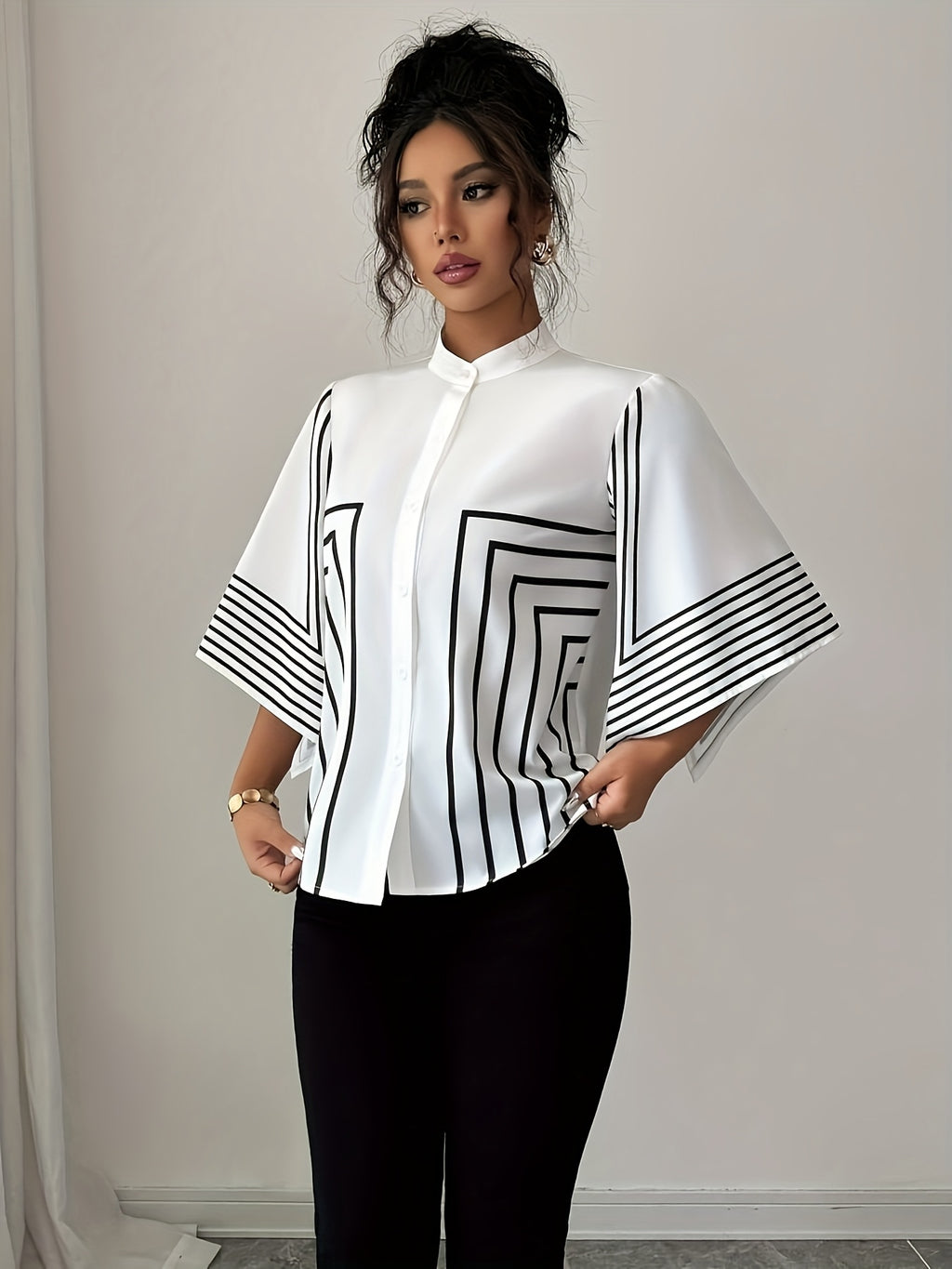 A French Elegant Shirt with a Stand Collar, Digital Prints, Geometric Lines, And Asymmetrical Cuffs, Perfect for Vacation in Spring And Summer - White