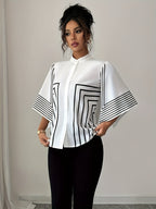 A French Elegant Shirt with a Stand Collar, Digital Prints, Geometric Lines, And Asymmetrical Cuffs, Perfect for Vacation in Spring And Summer - White