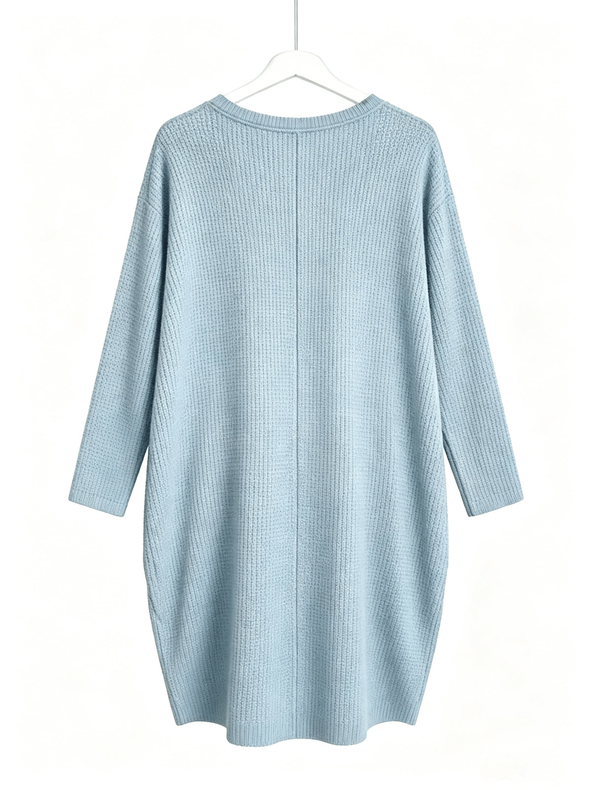 Plus Size - Beautiful Women'S Plus Size Round Neck Loose Long Sleeve Solid Waffle Dress with Pockets - Sky Blue