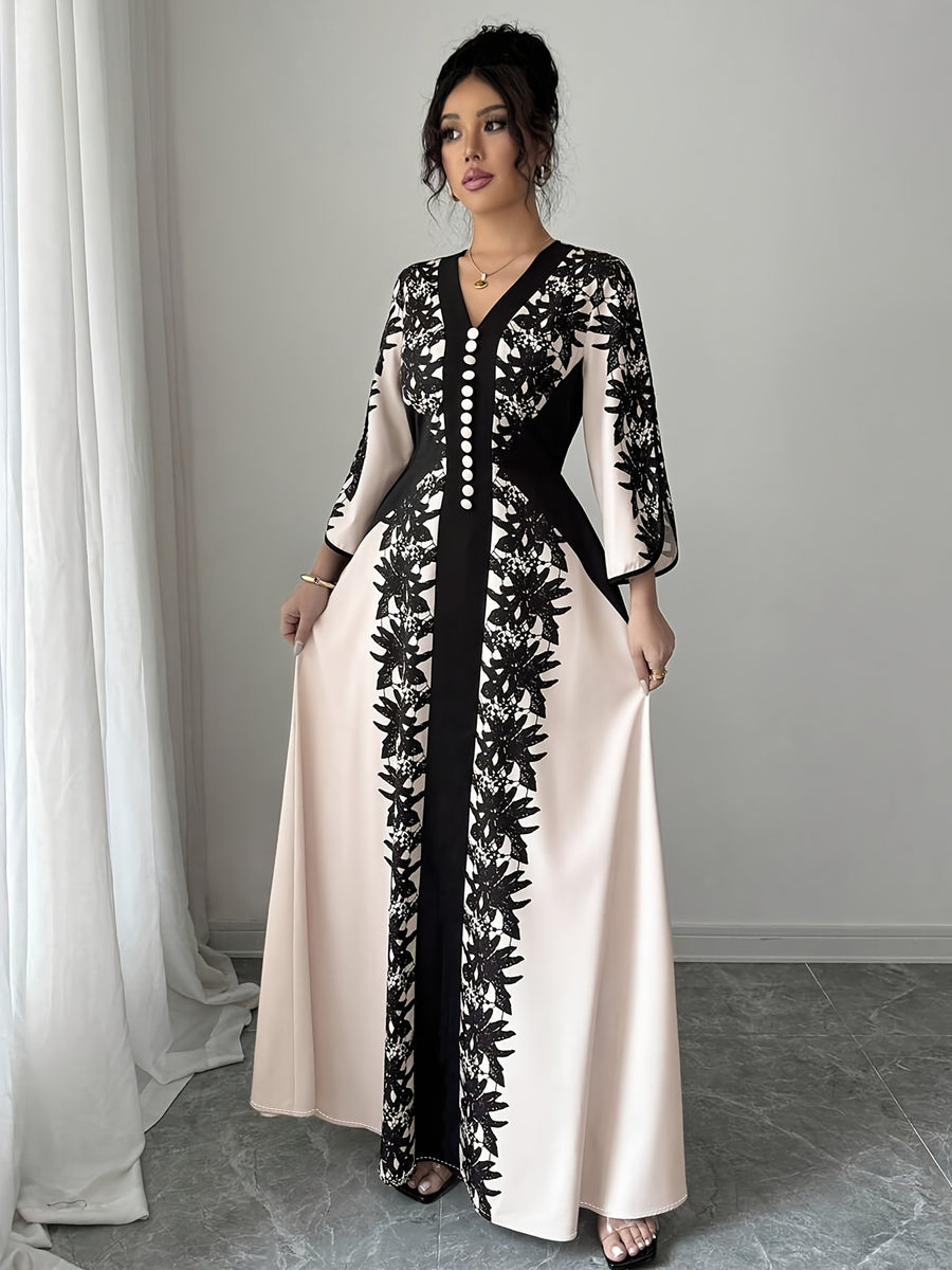 Plus Size, Elegant and Fashionable Plus-size Women's Printed Long-sleeve Dress, Adorned with Buckle Embellishments, Featuring a V-neck and Slit Cuffs. Suitable for Parties, Outings, Romantic Dates, and Daily Wear. Designed for Plus-size Women - Black