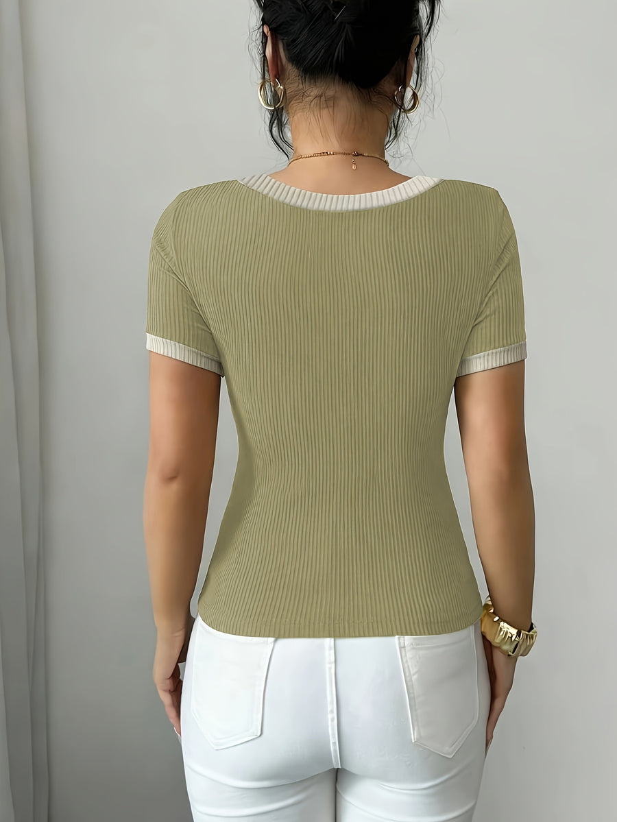 Summer New Ribbed Short Sleeve V-Neck White Lace Trim Slim Regular Length T-Shirt Top Women'S - Olive Green