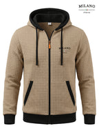 [Pearson OBM] Men'S Autumn Winter Sporty Long Sleeve Jacket, Small Checkered Jacquard Soft Comfortable Fabric, Solid Color Knitted Hooded Craft Fashion Men'S Sweatshirt Jacket, Fashion Print Craft Design, Suitable for Casual Outings, Sports - ho khaki