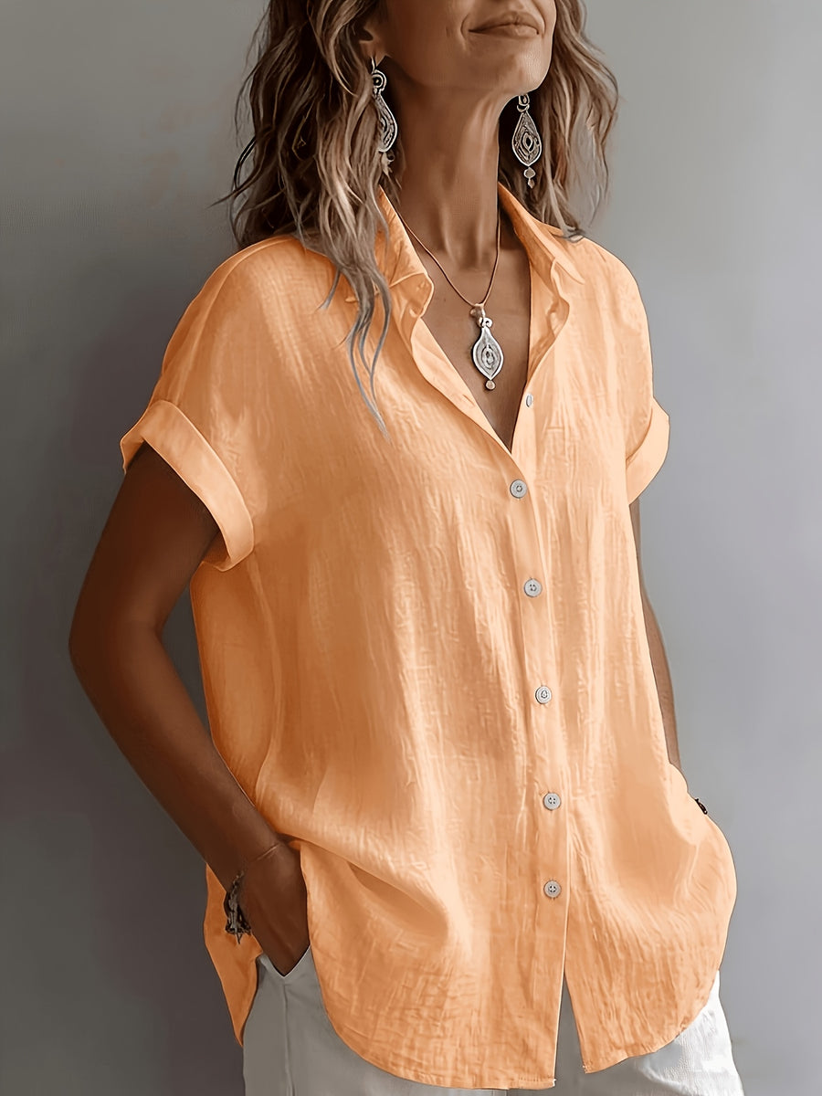 Women's Relaxed Holiday Style Micro-Wrinkle Textured Lapel Short-Sleeve Shirt, Loose Open Front Single-Breasted Drop Shoulder Fit, Casual Rolled Hem Short Sleeve V-Neck Open-Wear Design, Natural Breathable Dry Skin-Friendly Textured Fabric - Orange