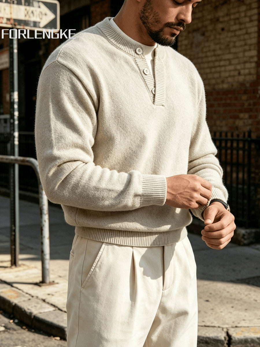 FORLENGKE Autumn/Winter New Arrival Men's Solid Color Long-Sleeve Button-Up Knit Sweater, Soft and Fine Knitted Fabric, Vintage Casual Style, Versatile Pullover for Daily Outings and Outerwear - Apricot