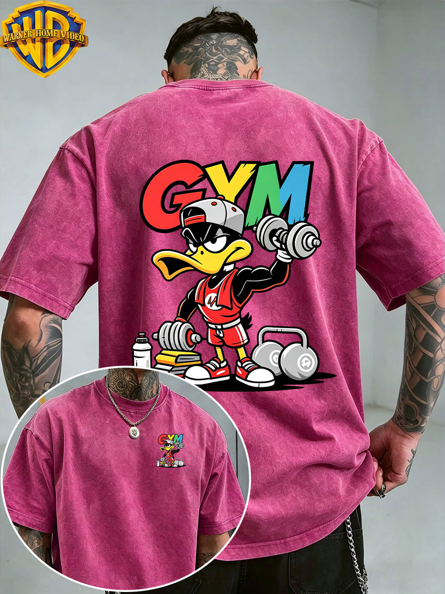 Warner Bros. Officially Authorized Fitness Cartoon Duck Holding Dumbbell Print Retro Washed Distressed Short Sleeve T-Shirt Unisex Machine Washable Daily Commuting Outdoor Sports Casual Top - Rose Red