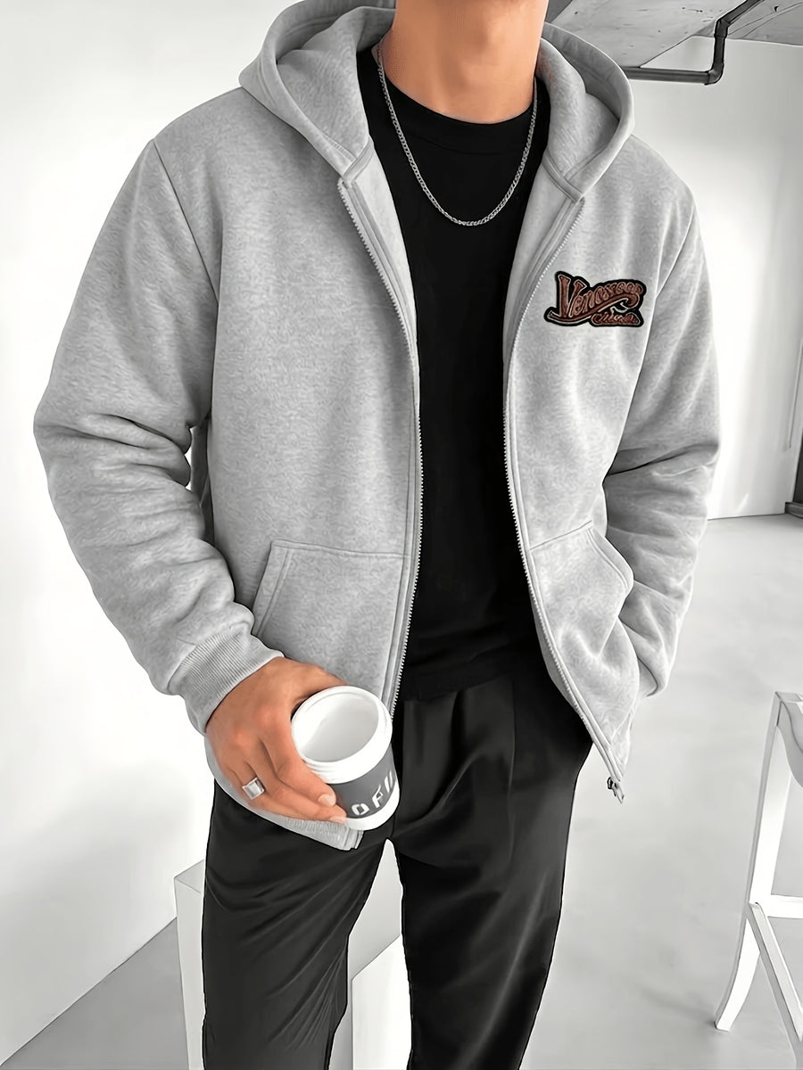 Men's Spring/Autumn Heavyweight Hooded Zip-Up Sweatshirt with Vintage Letter Print, Drawstring Cardigan Jacket, Three-Dimensional Cut with Kangaroo Pocket for a Slimming and Versatile Look, High-End Textured Basic Style for Commuting and Casual Wear - Grey