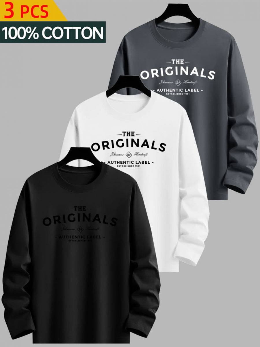3pcs - 100% Cotton Men's Long Sleeve T-Shirts, Solid Color with Minimalist Print, Round Neck Base Layer Tops, Comfortable Pure Cotton Fabric, Suitable for Outdoor/Casual/Sports, Machine Washable - Combination Color 2