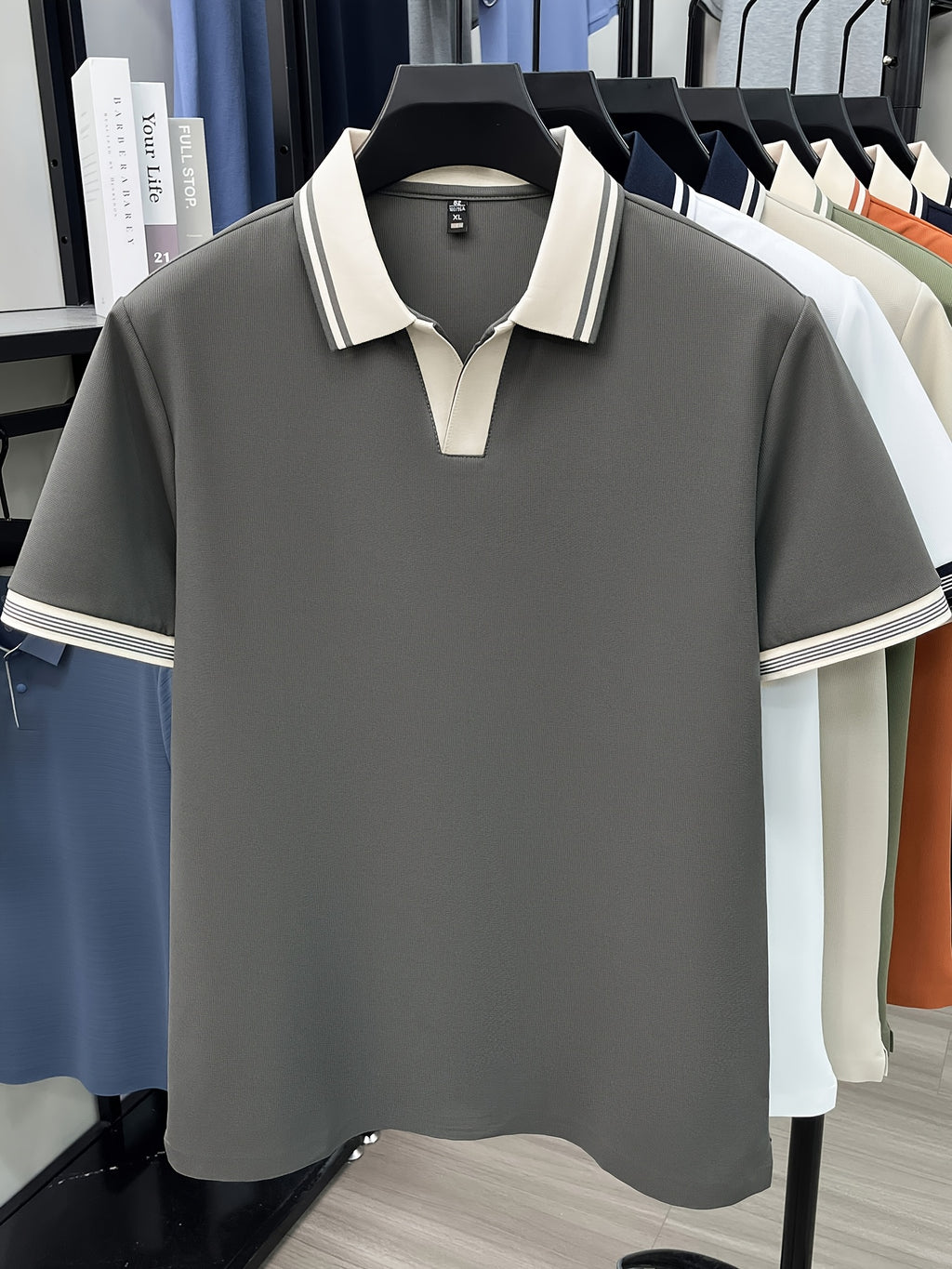 [Shule Water OBM] Summer Men'S Short Sleeve T-Shirt, Contrast Striped Cool Business Casual Versatile Top, Mid-Age Men'S Short Sleeve Collared Polo Shirt (72616) - Dark Gray