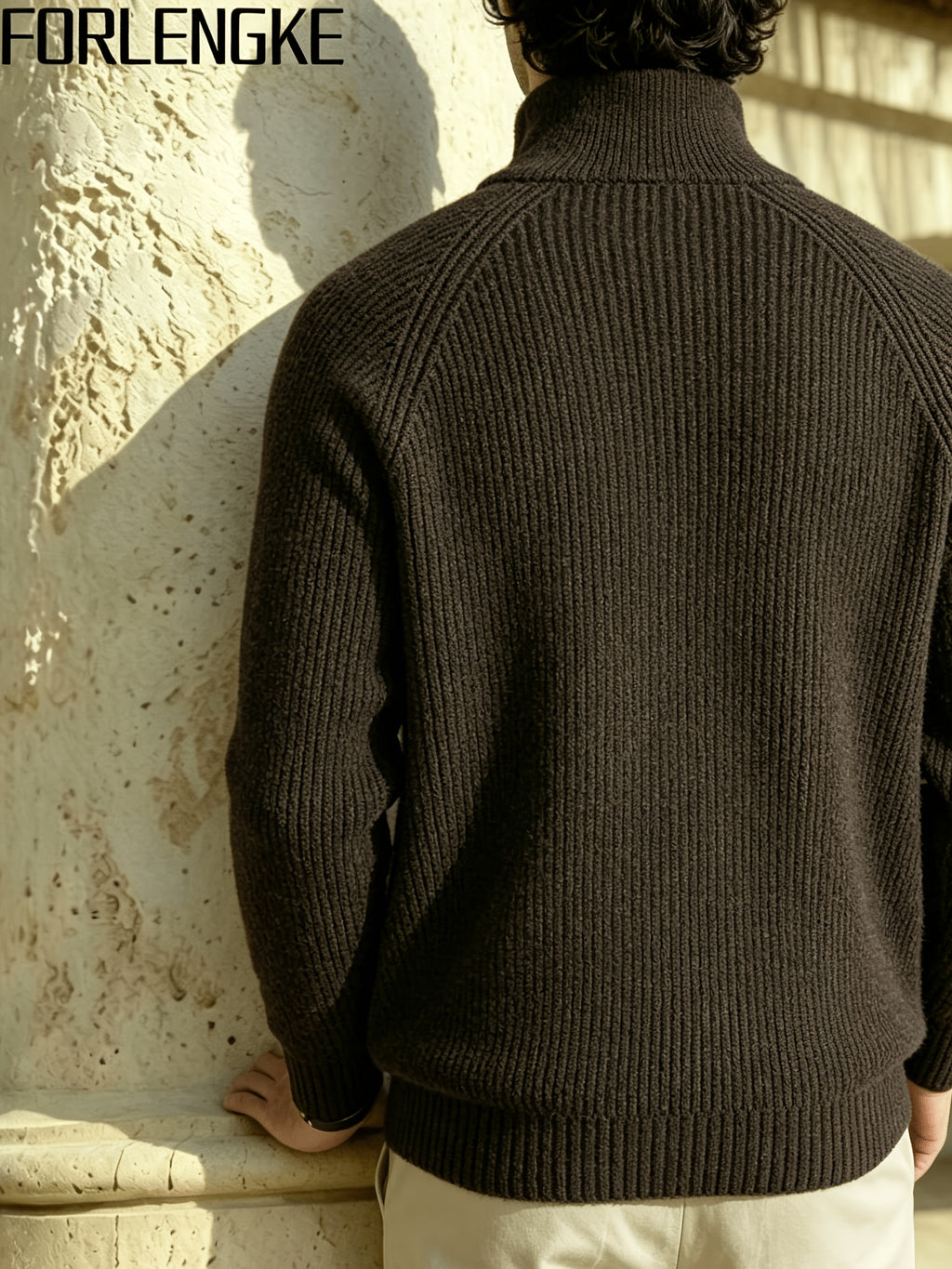 FORLENGKE Men's Half-Zip Sweater with Stand Collar & - High-Elastic Pullover, Half-Zipper Front Suitable for Outdoors, Dates, Casual Wear, Solid Color Base Layer Sweater for Fall/Winter Layering (Dry Care) - Coffee Color
