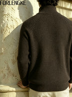 FORLENGKE Men's Half-Zip Sweater with Stand Collar & - High-Elastic Pullover, Half-Zipper Front Suitable for Outdoors, Dates, Casual Wear, Solid Color Base Layer Sweater for Fall/Winter Layering (Dry Care) - Coffee Color