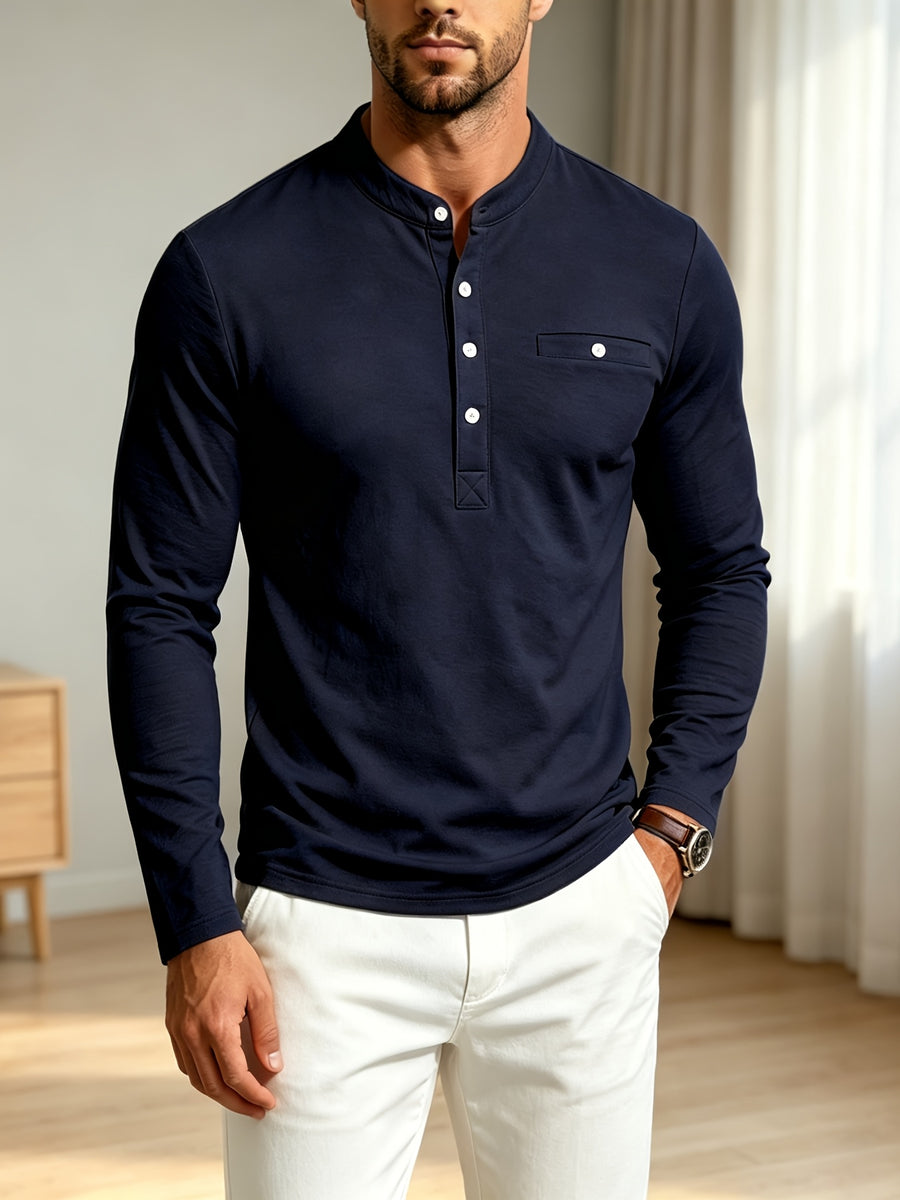 Men Spring Autumn Textured Mandarin Collar Henley 5-button Long Sleeve Top. Slim Soft Breathable Wrinkle-resistant Long Tee for Daily Business Commute & Casual Wear. - Navy Color