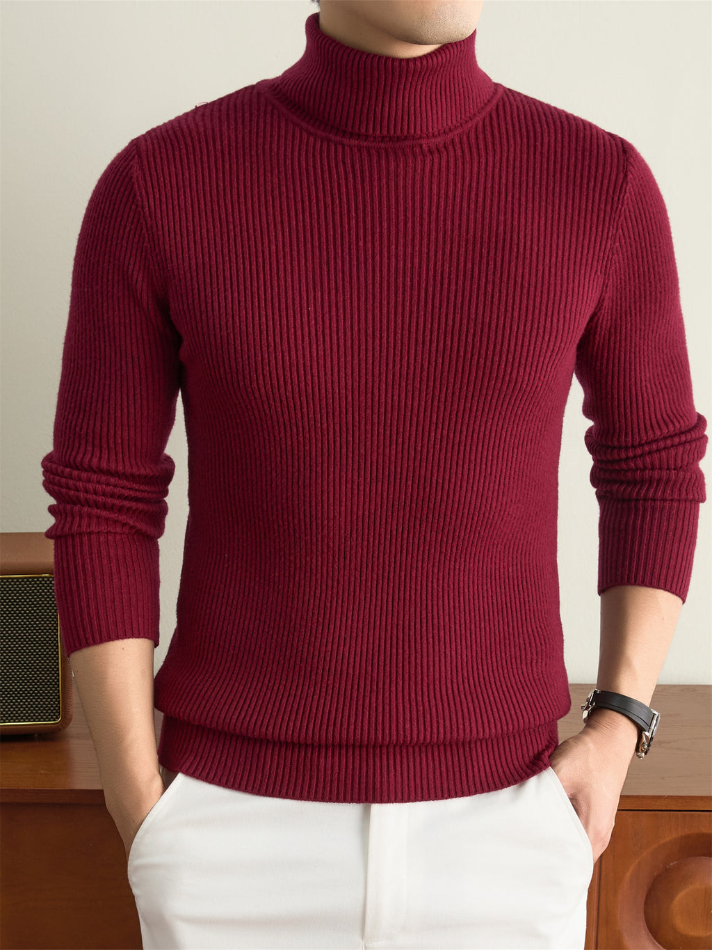 Men's Solid Color High Neck Sweater - Warm Winter Knit Pullover with Turtleneck Collar, Long Sleeve Basic Knitwear Suitable for Casual & -Casual Outfits, Hand Washable for Office Layering - Red