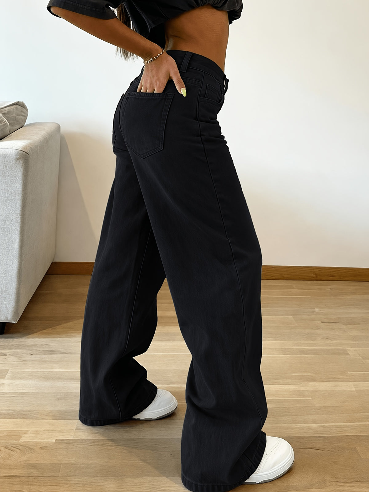 Women's Casual High-Waist Straight-Leg Versatile Solid Color Jeans - Black