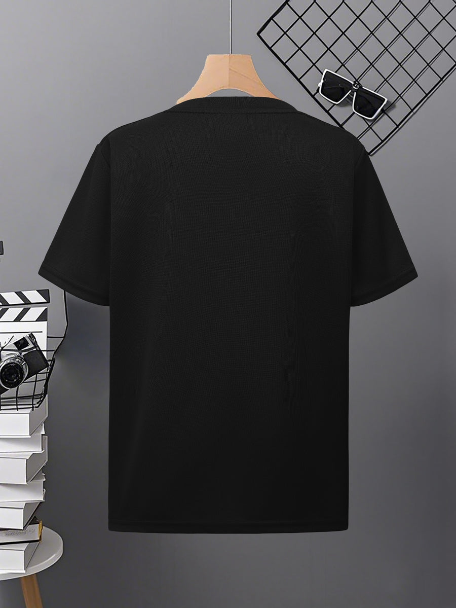 Men's American Street Style Printed T-Shirt, Summer Casual Crew Neck Top, Featuring Unique Split-Screen Black and White Landscape Pattern with Palm Trees, Beach Scenes and Artistic Slogan, Soft Breathable Fabric for Daily Wear, Va - Black