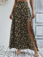 1pc Blue and White Porcelain Casual Paisley Slit Maxi Skirt for Women, High-Waist Satin Drape Vintage Print Slit Skirt - Black Golden