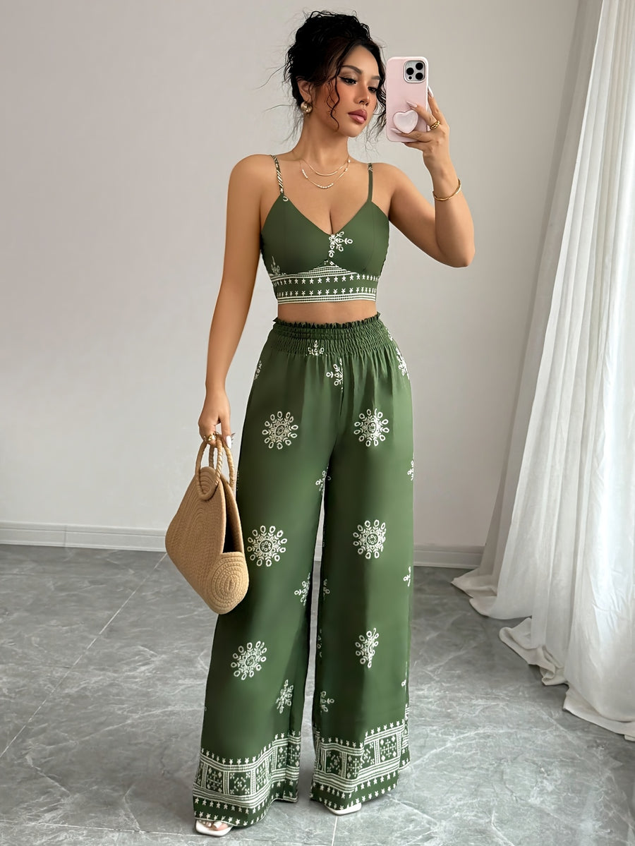 2pcs Women's Green Floral Print Camisole and Casual Pants Set, Festival Style, Bohemian Style - fern green