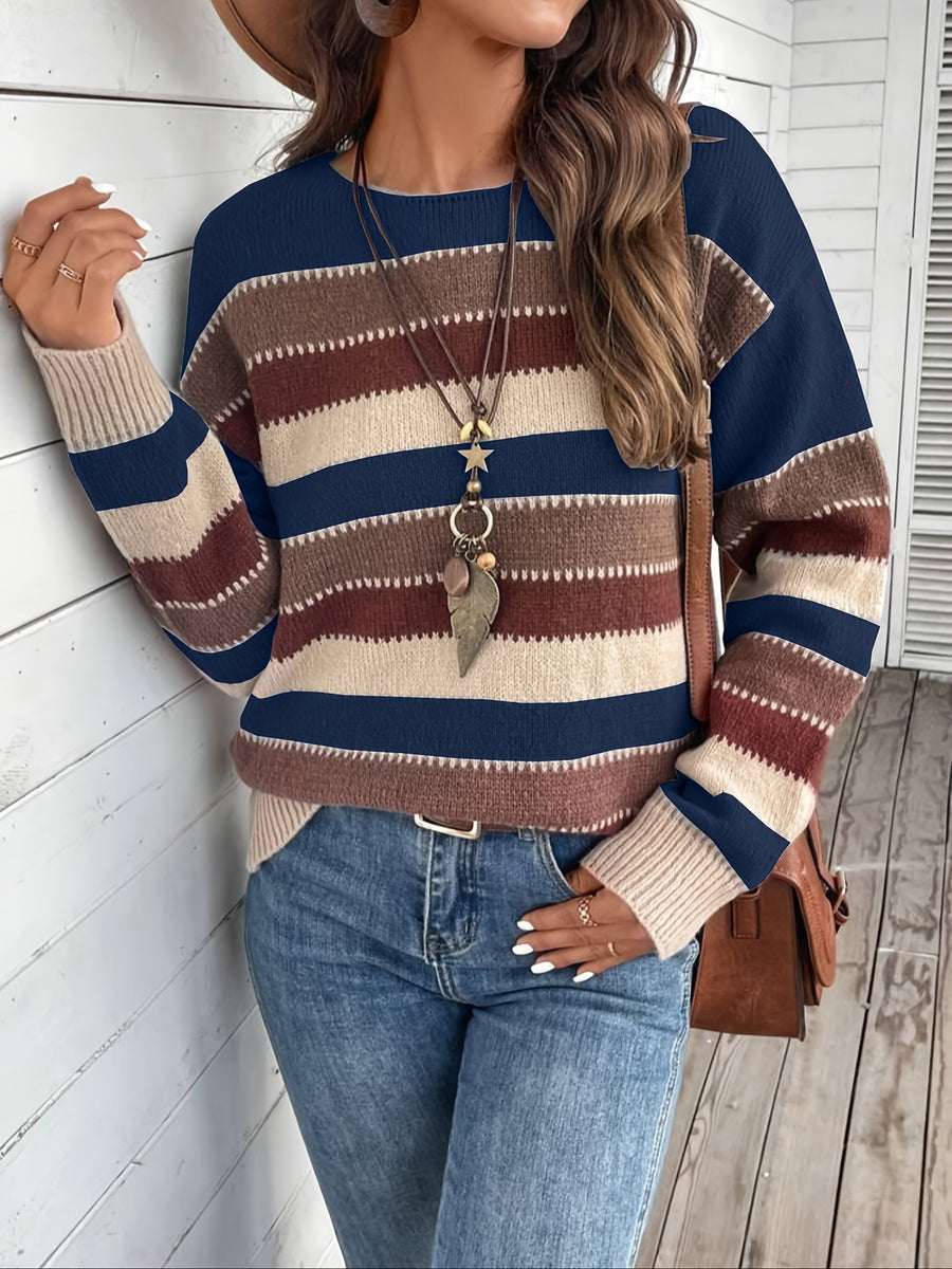 Women's Vintage Casual Sweater - Soft Medium-Stretch Round Neck Long Sleeve, Horizontal Striped Loose Fit Pullover for All-Season Comfort & Everyday Elegance, Cute Sweaters, Elegant Layering Piece, Durable Knitwear - Navy Color