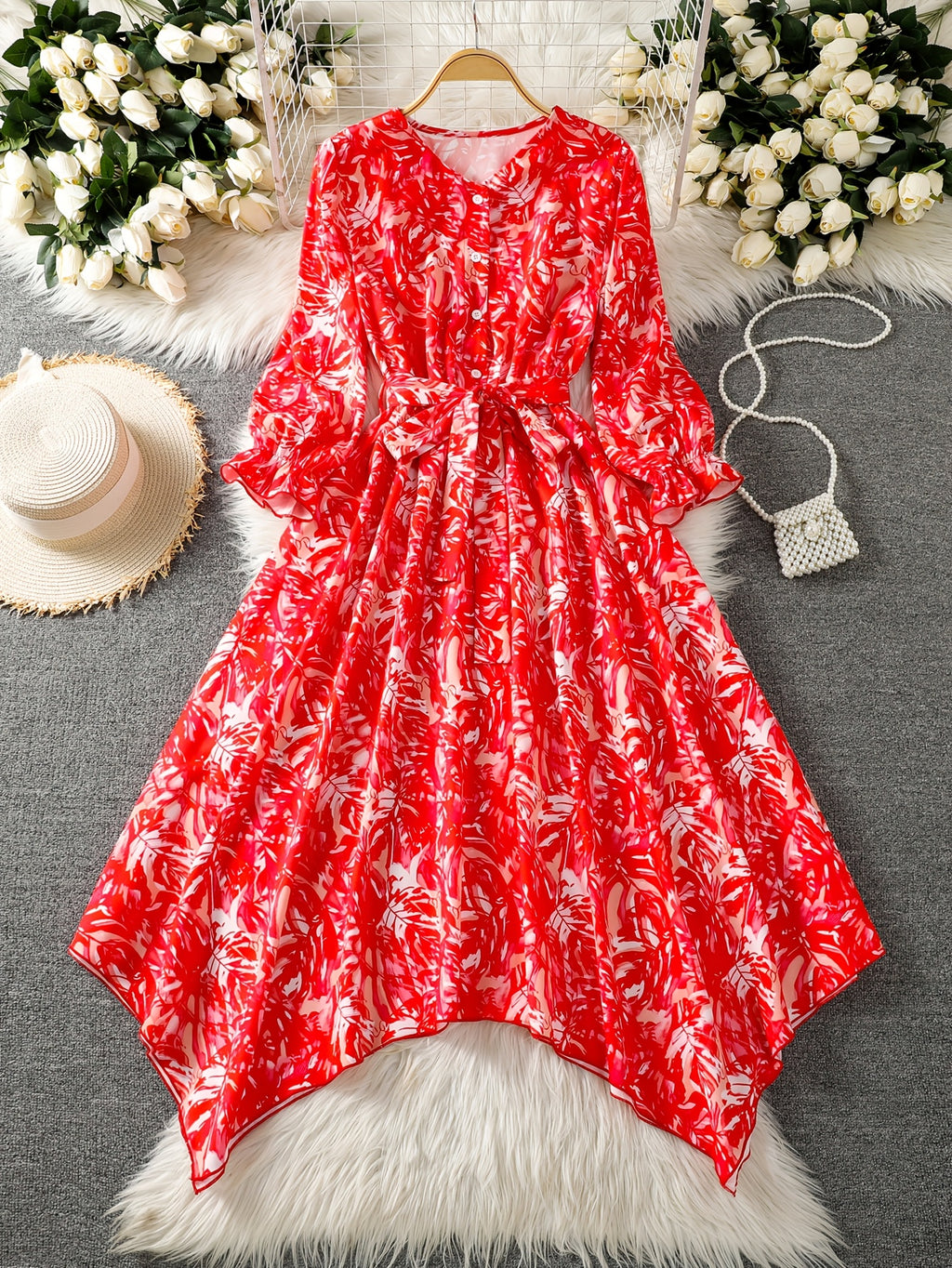 New Style Red Printed Dress for Women, Summer Tie-Waist Flowy Asymmetrical Bridesmaid Dress - Red