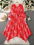 New Style Red Printed Dress for Women, Summer Tie-Waist Flowy Asymmetrical Bridesmaid Dress - Red