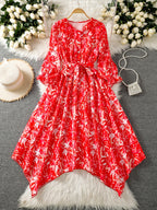 New Style Red Printed Dress for Women, Summer Tie-Waist Flowy Asymmetrical Bridesmaid Dress - Red