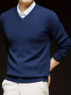 Men'S Set Solid Color V-Neck Knitted Sweater Autumn And Winter Casual Base Pullover - Navy Blue + Wine Red + Black