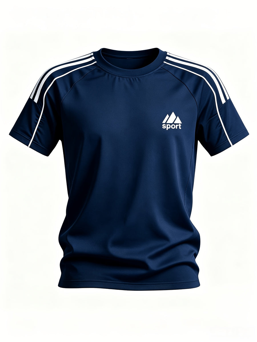 Spring and Autumn Thin, Quick-drying, Solid-color Knitted Printed Short-sleeved T-shirt, Casual Sports, Simple, Breathable and Comfortable, Home Daily All-match Tops - Navy Color