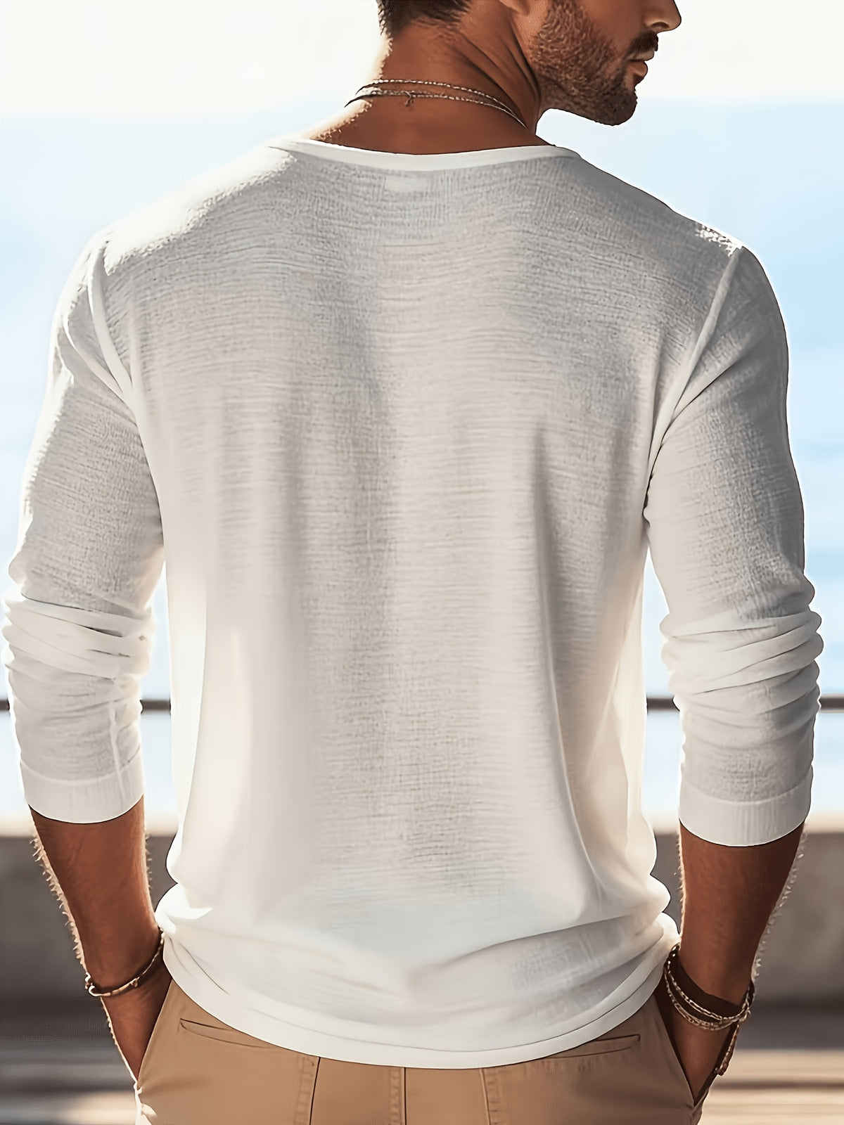 2pcs Set of Solid Color Casual Long Sleeve T-Shirts, Men'S V-Neck Breathable Versatile Top - White+blue