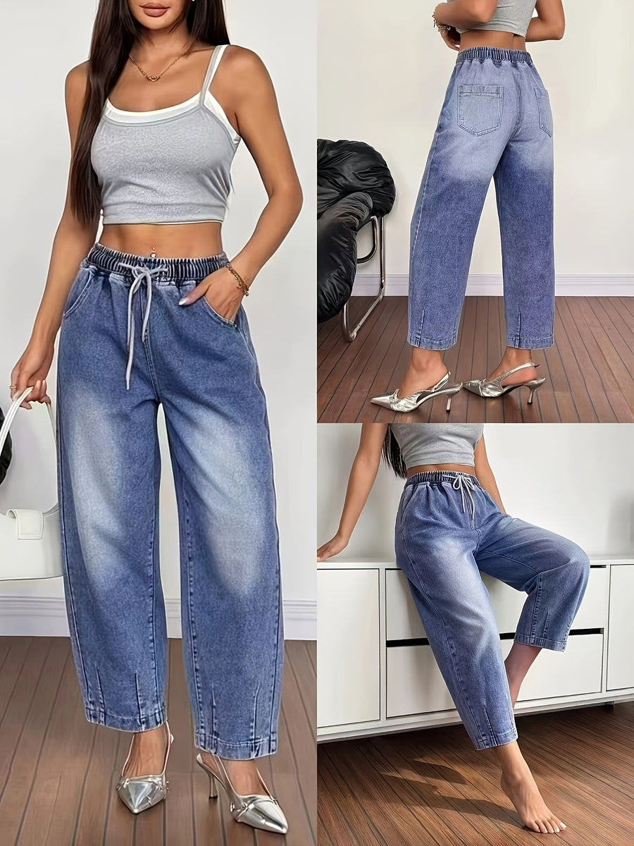 26AW Vintage Snowflake Washed Nostalgic Faded Gradient Drawstring Denim Dad Pants for Women, Loose Fit, Comfortable, Flattering on All Body Types, Long Pants - Medium Blue