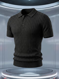 Short Sleeve Knit Sweater 2026 Spring/Summer New Arrival Cable Knit Lapel Slimming Pullover Top, Vertical Stripes with Intricate Cable Knit Slimming Texture, Light Luxury Business High-Quality Style, Fashionable, Simple, and Handsome - Black