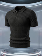 Short Sleeve Knit Sweater 2026 Spring/Summer New Arrival Cable Knit Lapel Slimming Pullover Top, Vertical Stripes with Intricate Cable Knit Slimming Texture, Light Luxury Business High-Quality Style, Fashionable, Simple, and Handsome - Black
