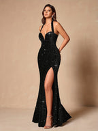 Ladies' Elegant and Dress with Sparkling Sequins Dress, Suitable for Holiday Dates, Fashionable Parties, Dinner Parties - Lingshan Exclusive L10033 - Black