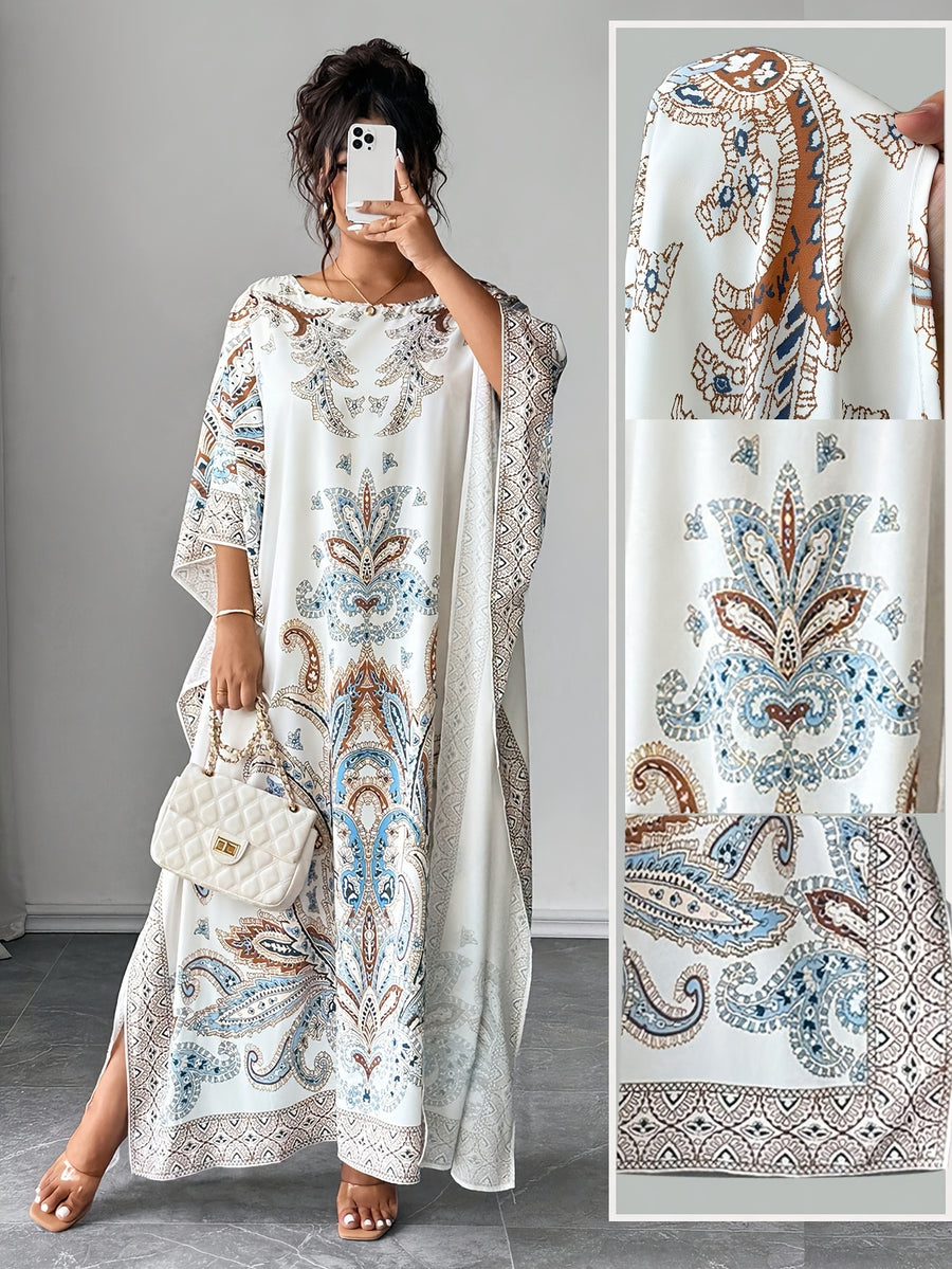 Plus Size - Plus Size - Plus Size Women'S Loose-Fitting Batwing Sleeve Printed Round Neck Dress - White