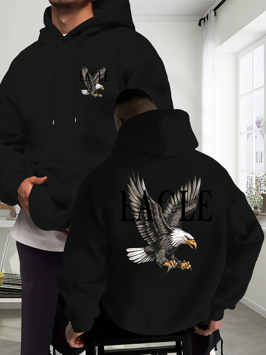 Eagle Men'S New Trendy Autumn And Winter Hoodie, Casual Everyday Drawstring Sweatshirt with Creative Design Print, Featuring a Front Kangaroo Pocket, Unisex Top - Black