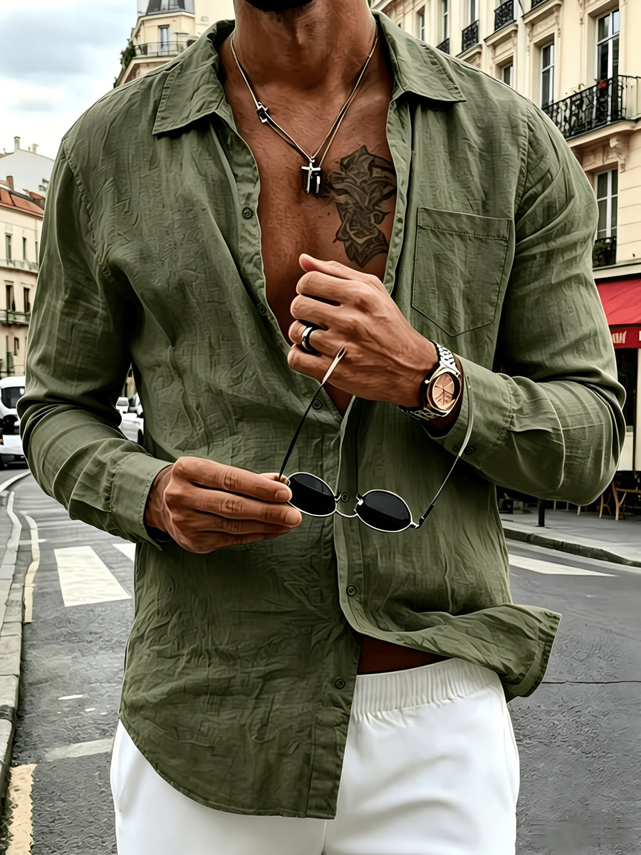 Men's 2pcs Linen Long Sleeve Lapel Shirt, Wrinkle-Resistant, Breathable, Lightweight Pointed Collar Casual Shirt, Chest Pocket Design, Full Button-Front, Loose and Comfortable Fit, Skin-Friendly Soft Quick-Drying Fabric, Solid Color Men's Business - Green+Blue