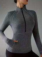 Women's Sports Top with Half-Zip & Shoulder Details - High Stretch, Comfortable, Specialized for Yoga, Fitness & Training - Grey