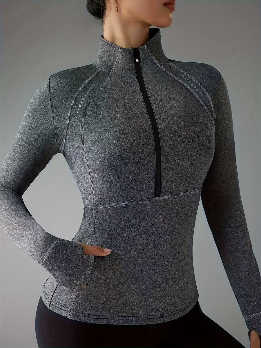 Women's Sports Top with Half-Zip & Shoulder Details - High Stretch, Comfortable, Specialized for Yoga, Fitness & Training - Grey