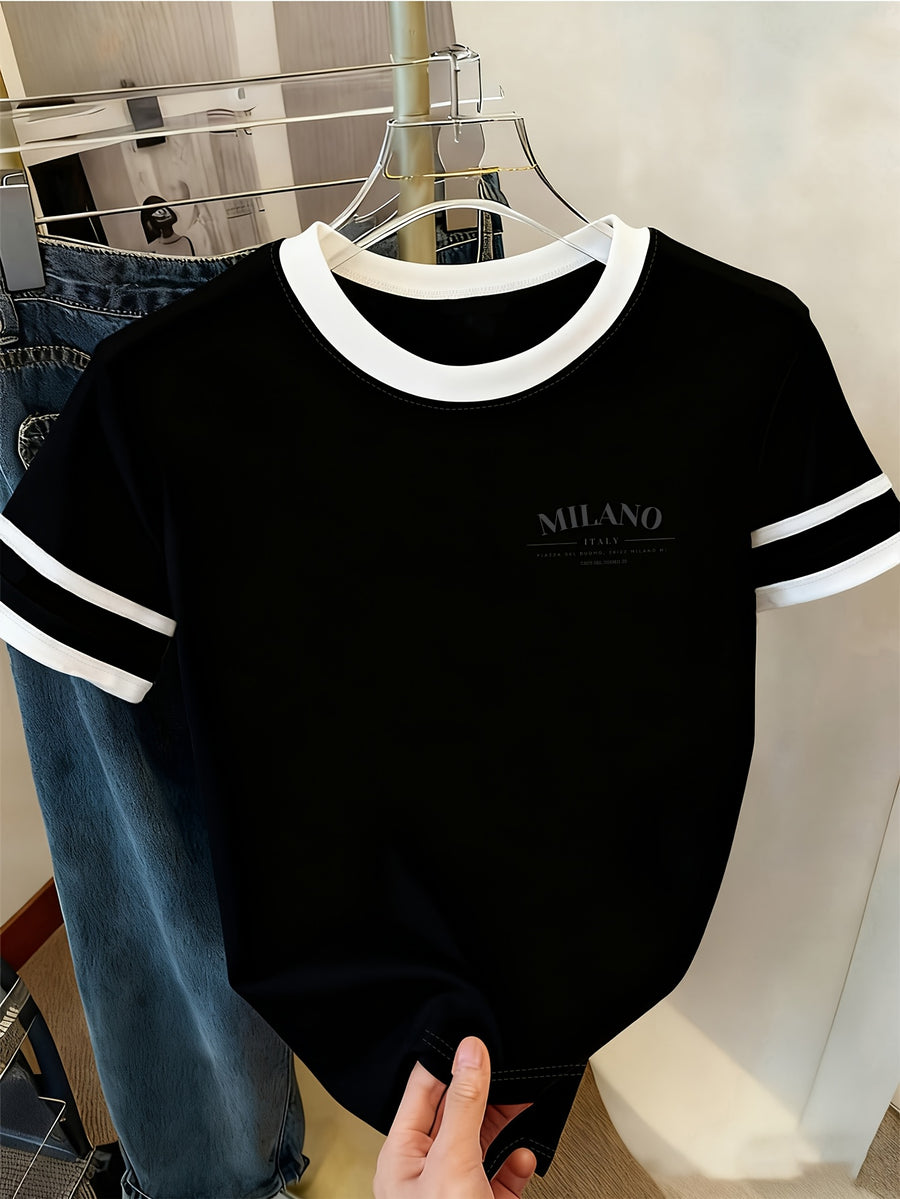 Graphic Print T-Shirt, Short Sleeve Crew Neck Casual Top for Summer And Spring, Women'S Clothing - Black And White Color