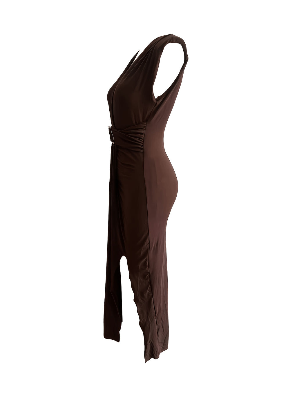 Women'S Fashion Solid Color Side Slit Pleated Deep V Sleeveless Dress - Coffee Brown