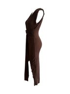 Women'S Fashion Solid Color Side Slit Pleated Deep V Sleeveless Dress - Coffee Brown