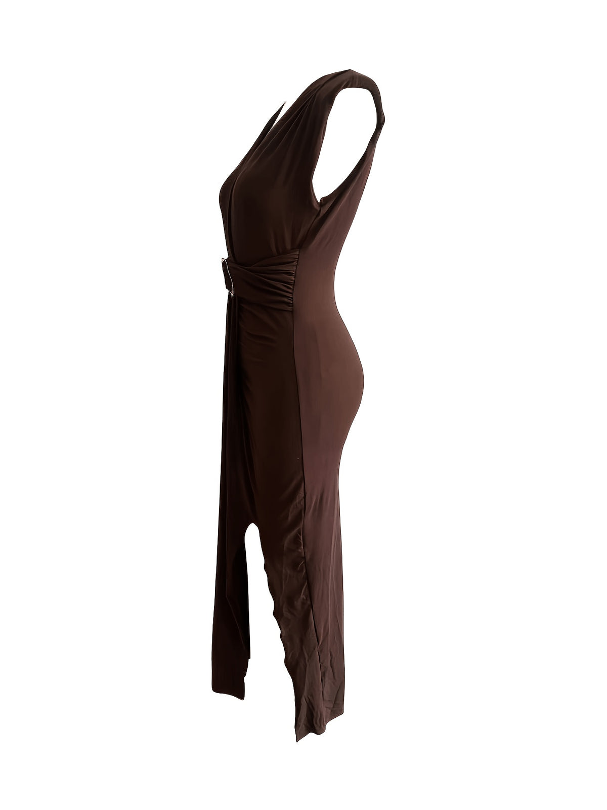 Women'S Fashion Solid Color Side Slit Pleated Deep V Sleeveless Dress - Coffee Brown