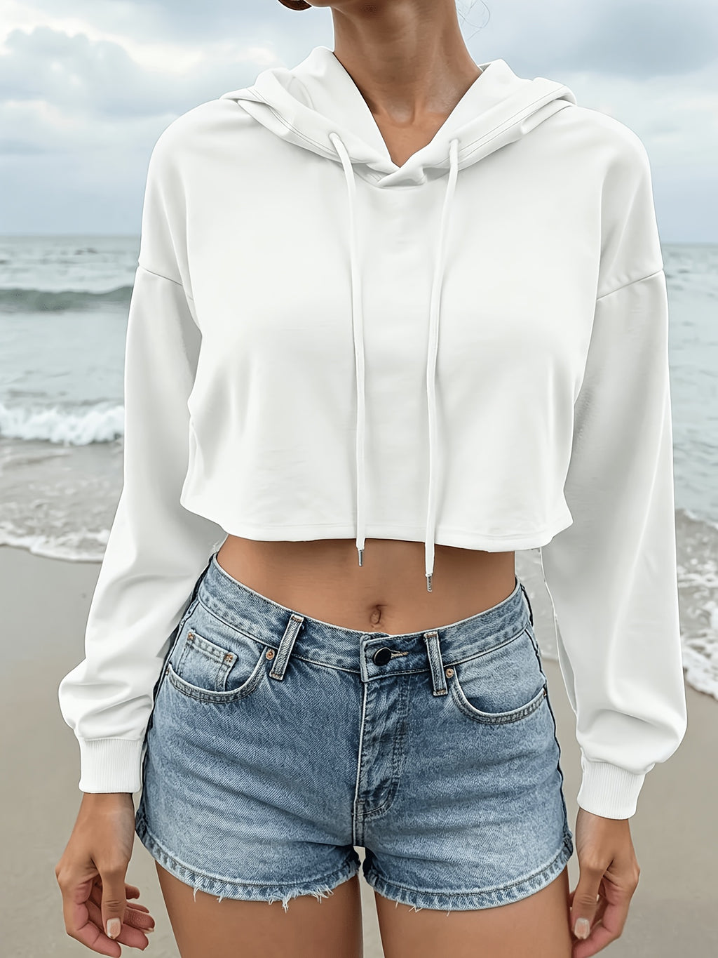Women's Loose Fit Long Sleeve Top, Hot Style High Waist Crop Hooded Sweatshirt - White
