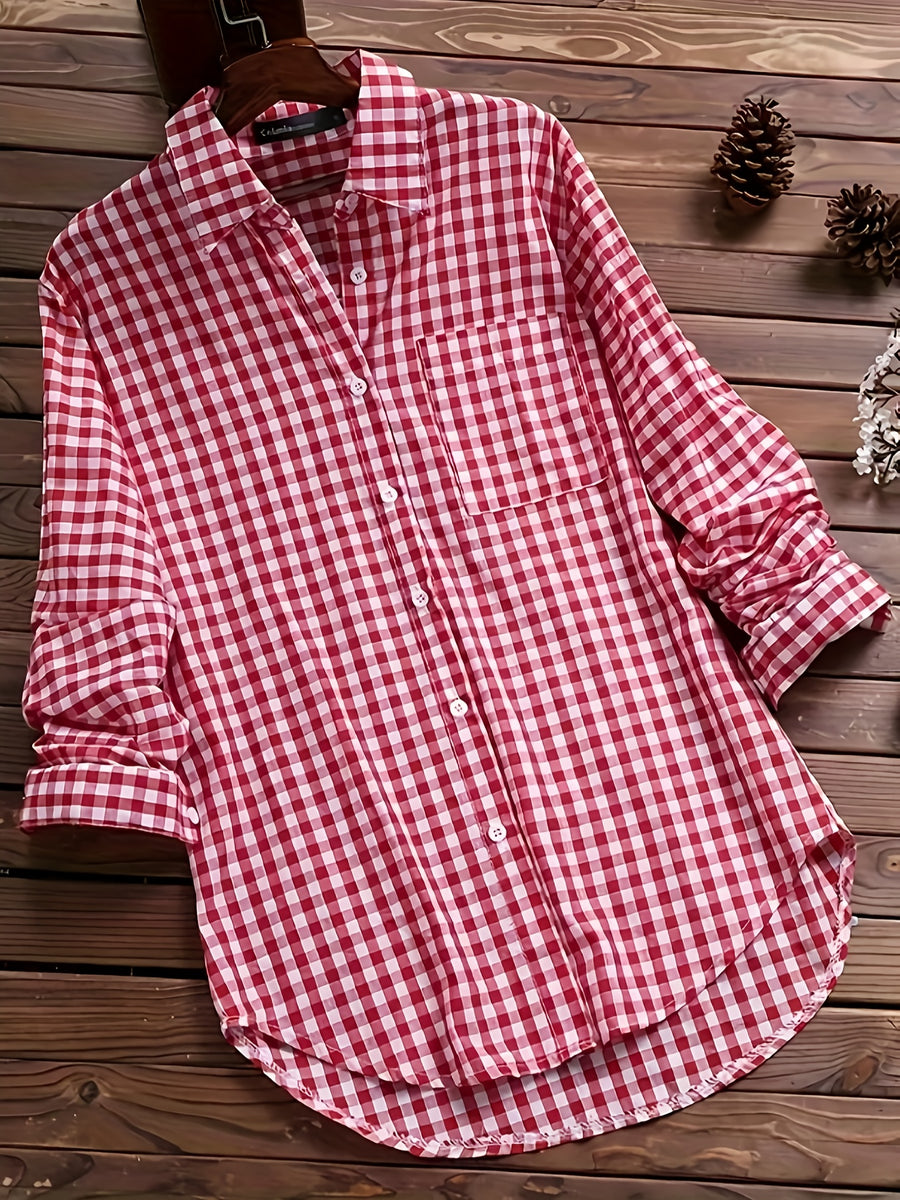 Women'S Spring Summer Casual Retro Commuter Long Sleeve Plaid Shirt - Red