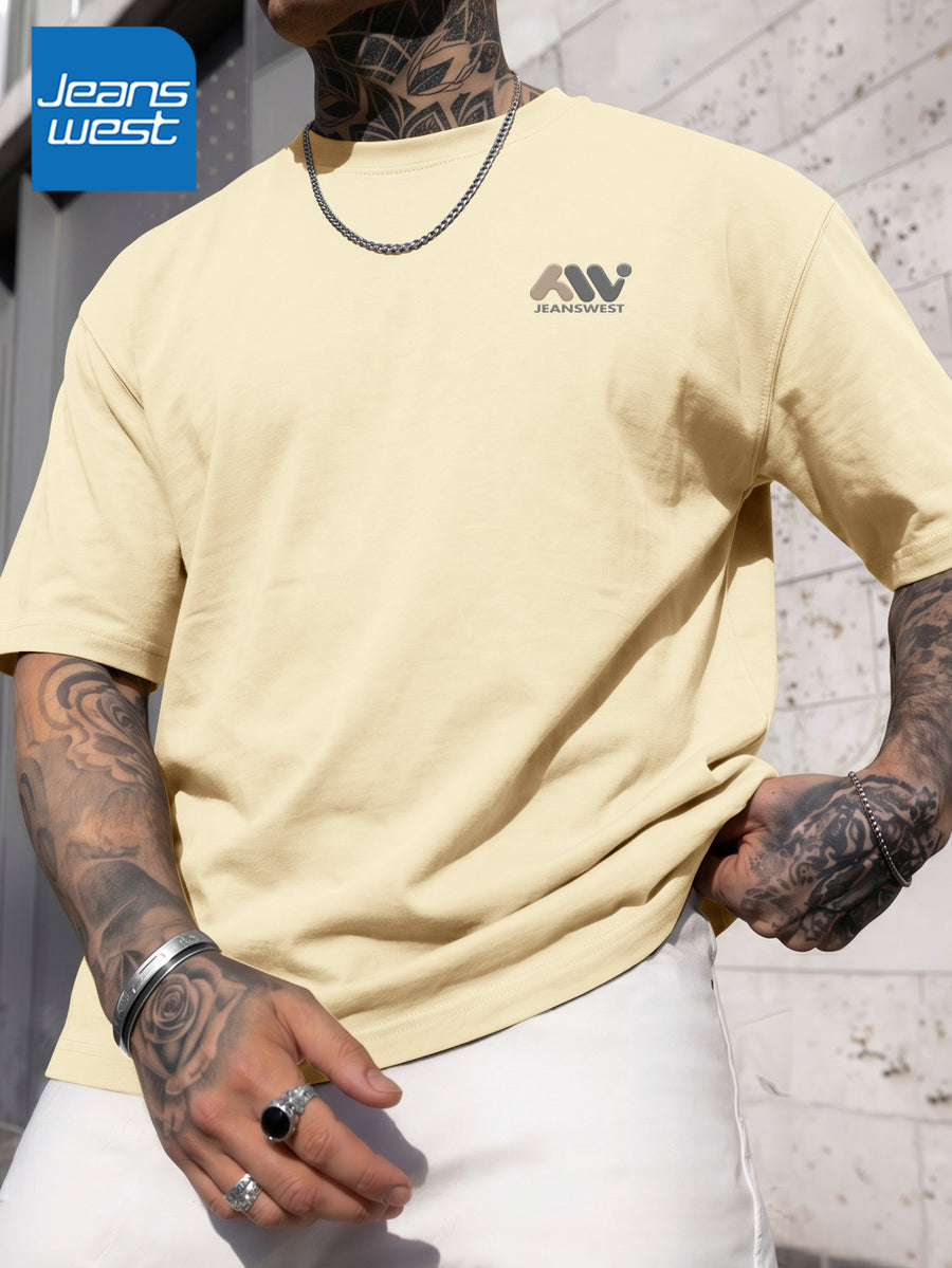 JEANSWEST Men's Summer 100% Cotton Sporty Casual Short-Sleeve T-Shirt, Loose Fit - Pale Yellow