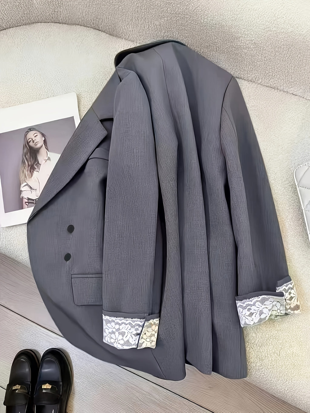 Fashion Women'S White Lace Sleeve Patchwork Blazer, Casual Chic Blazer - Grey