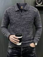 Autumn New Style Long Sleeve Polo Shirt Lapel No Button V-Neck Design Vertical Stripes Ribbed Knit Thick Long Sleeve Solid Color Basic Fit Outdoor Casual Commuter Men'S Clothing Quality Casual Top Business Office - heather grey