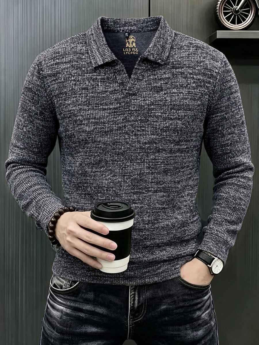 Autumn New Style Long Sleeve Polo Shirt Lapel No Button V-Neck Design Vertical Stripes Ribbed Knit Thick Long Sleeve Solid Color Basic Fit Outdoor Casual Commuter Men'S Clothing Quality Casual Top Business Office - heather grey