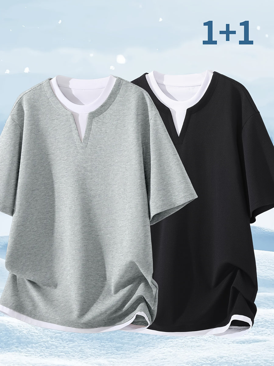 Men'S Waffle Short Sleeve T-Shirt 2Pcss Set, 3D Checkered Design with Fake 2Pcss Neckline, Casual All-Match Summer Essential - Black+Grey