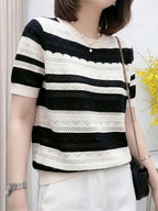 Summer Round Neck Hollow Color Blocking Short-Sleeved Top, Korean Style Color Blocking Striped Hollow Sweater Women'S Summer Round Neck Thin Short-Sleeved Top Fashionable Versatile Breathable Comfortable Inner Wear Outer Wear T-Shirt - Black